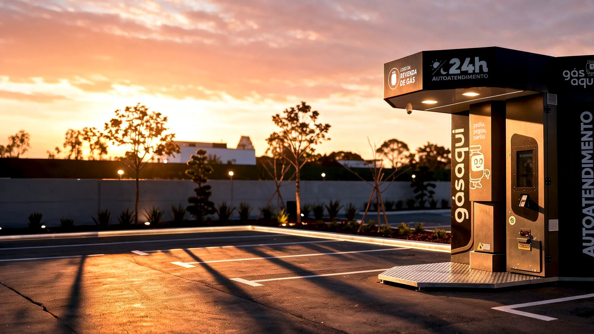 Totem Gás Aqui instalado no pátio ao entardecer