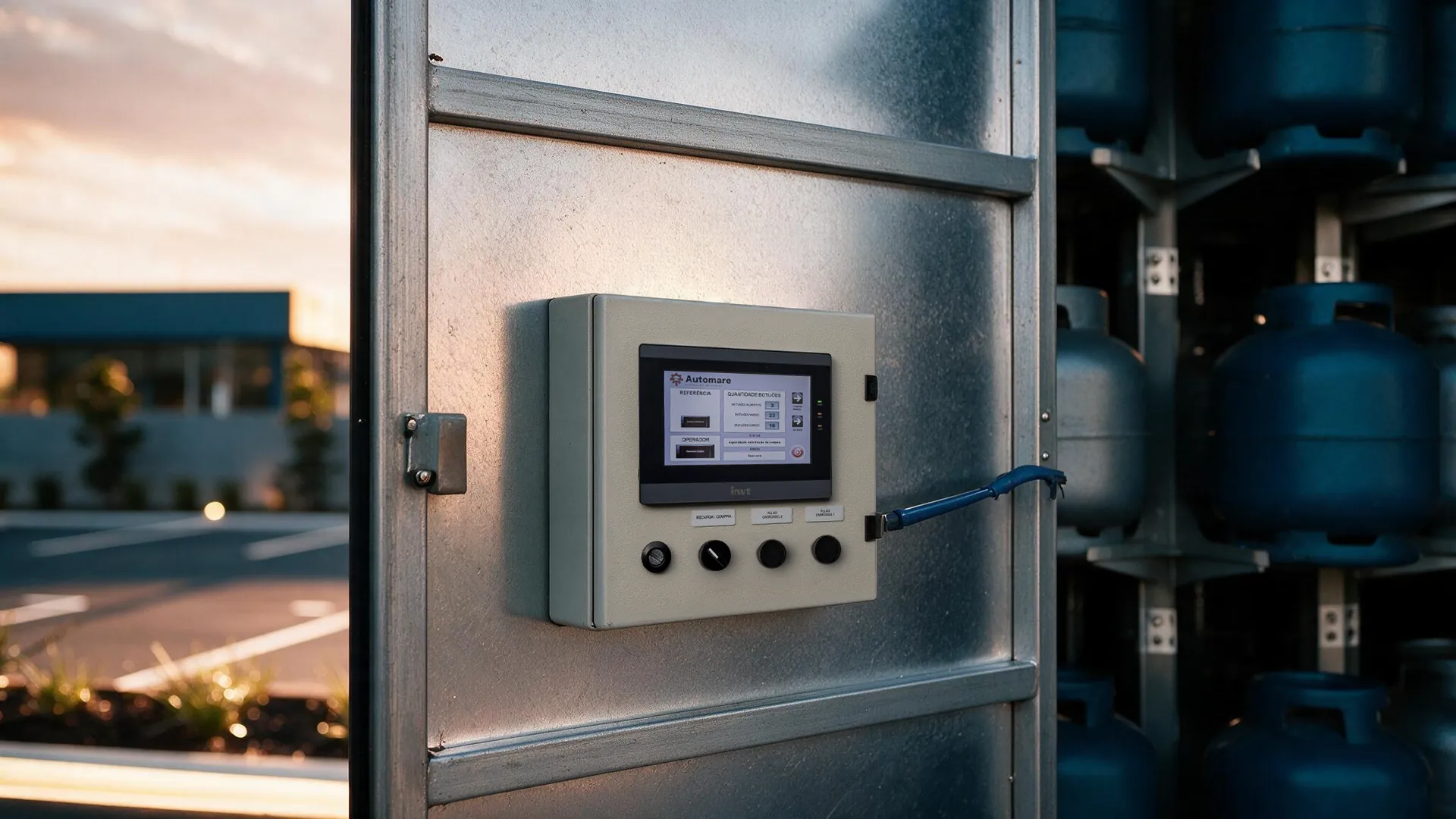 Painel de controle de recarga na porta do compartimento, com os botijões enfileirados ao lado