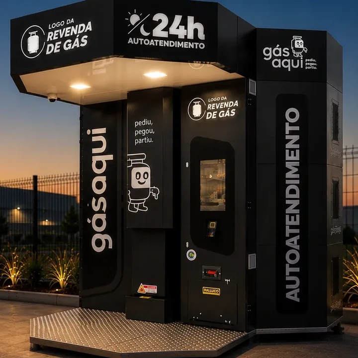 Vista frontal do totem Gás Aqui, com a sinalização de autoatendimento 24h