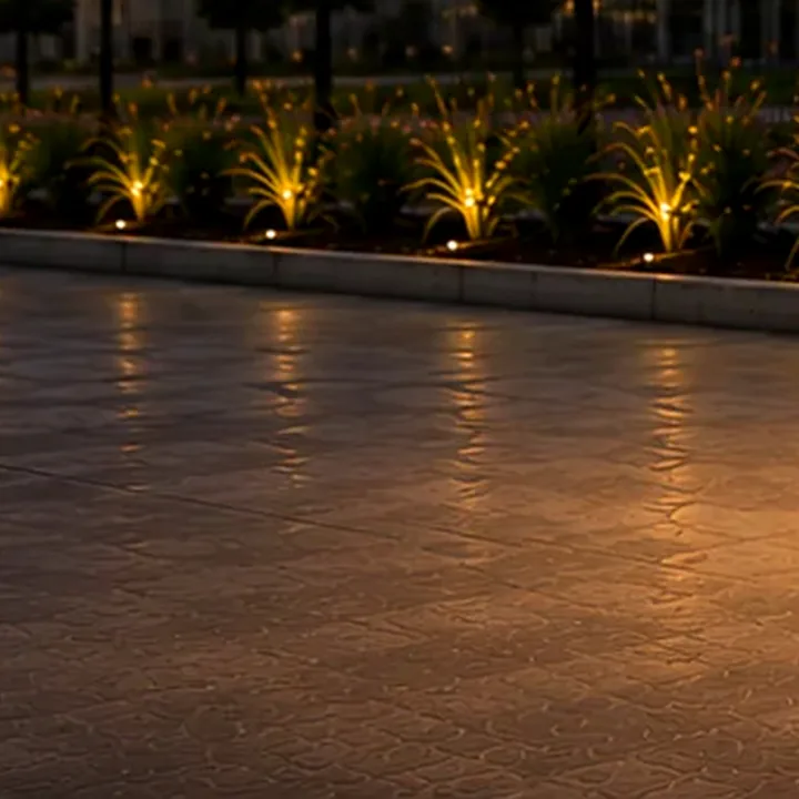 Piso do pátio refletindo a iluminação noturna